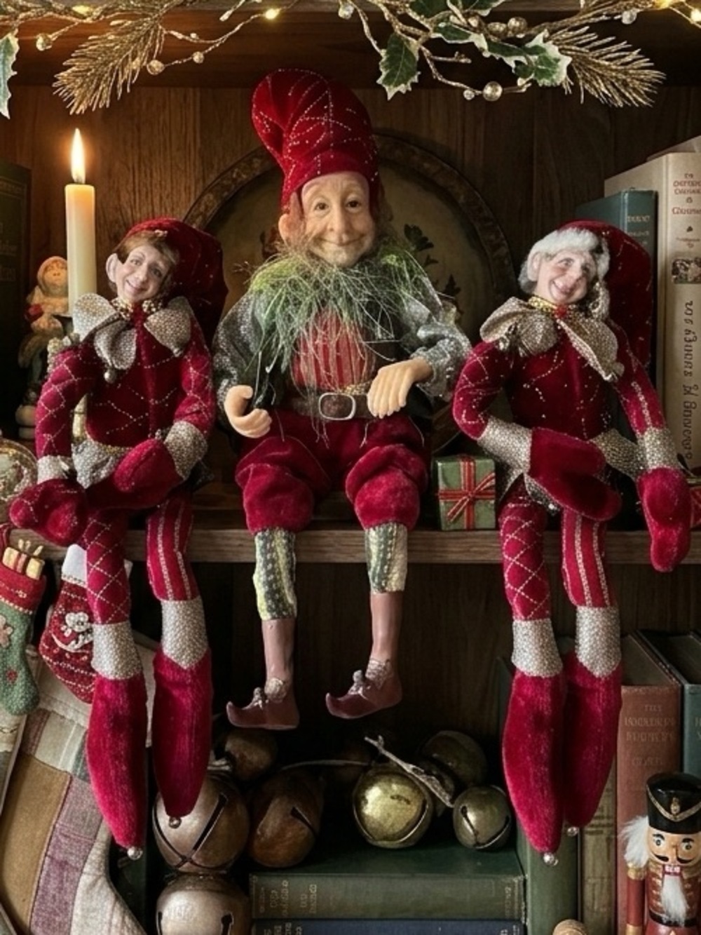 Vintage Christmas Elf Posable shelf Sitter Dolls